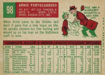 1959 Topps #98 Arnie Portocarrero Back