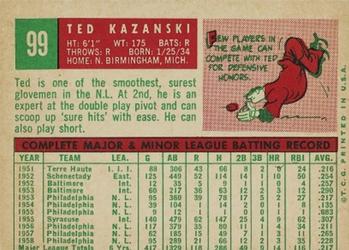 1959 Topps #99 Ted Kazanski Back