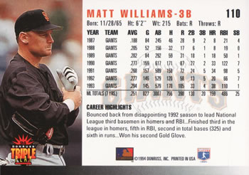 1994 Triple Play #110 Matt Williams Back