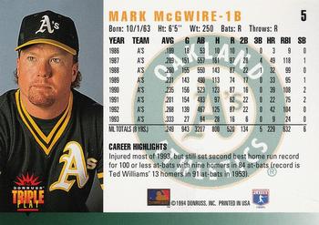 1994 Triple Play #5 Mark McGwire Back