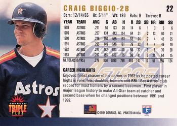 1994 Triple Play #22 Craig Biggio Back