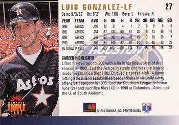 1994 Triple Play #27 Luis Gonzalez Back