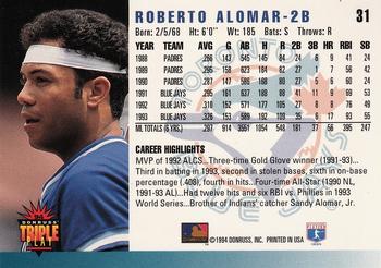 1994 Triple Play #31 Roberto Alomar Back