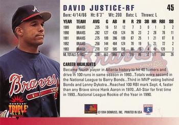 1994 Triple Play #45 David Justice Back