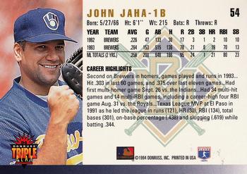 1994 Triple Play #54 John Jaha Back