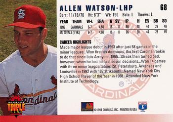 1994 Triple Play #68 Allen Watson Back
