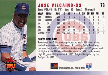1994 Triple Play #79 Jose Vizcaino Back