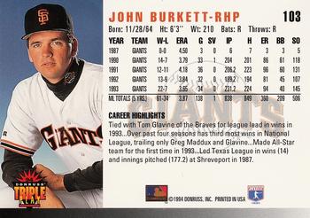 1994 Triple Play #103 John Burkett Back