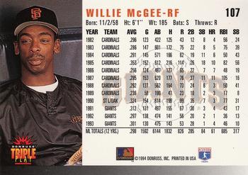 1994 Triple Play #107 Willie McGee Back