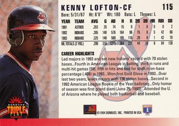 1994 Triple Play #115 Kenny Lofton Back