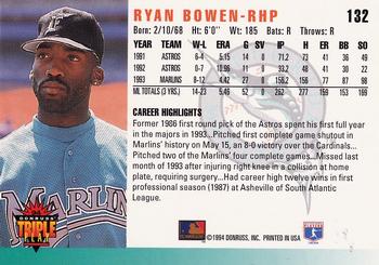 1994 Triple Play #132 Ryan Bowen Back