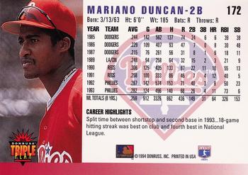 1994 Triple Play #172 Mariano Duncan Back