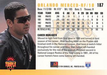 1994 Triple Play #187 Orlando Merced Back