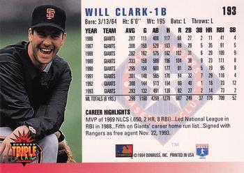 1994 Triple Play #193 Will Clark Back