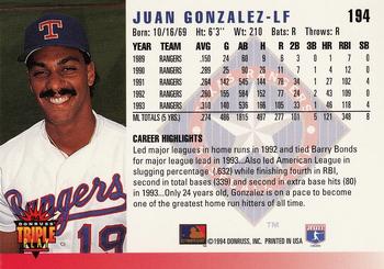 1994 Triple Play #194 Juan Gonzalez Back