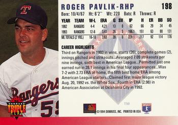 1994 Triple Play #198 Roger Pavlik Back
