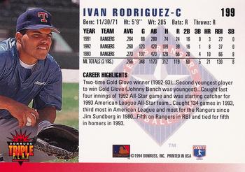 1994 Triple Play #199 Ivan Rodriguez Back