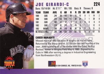 1994 Triple Play #224 Joe Girardi Back