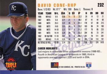1994 Triple Play #232 David Cone Back