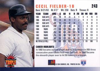 1994 Triple Play #243 Cecil Fielder Back