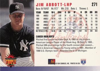 1994 Triple Play #271 Jim Abbott Back