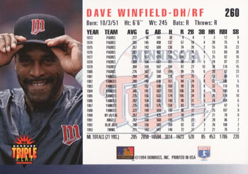 1994 Triple Play #260 Dave Winfield Back