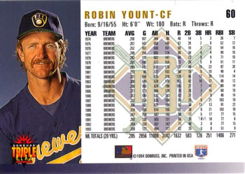 1994 Triple Play #60 Robin Yount Back