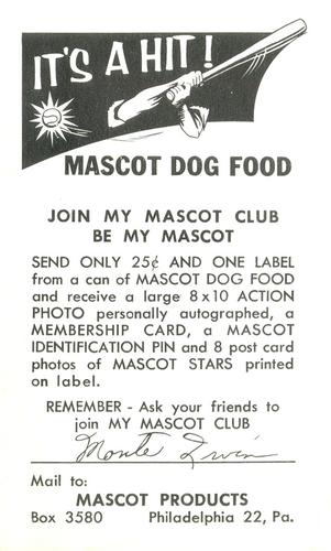 1953 Mascot Dog Food #NNO Monte Irvin Back