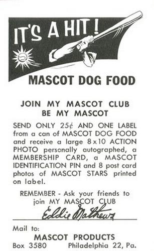 1953 Mascot Dog Food #NNO Eddie Mathews Back