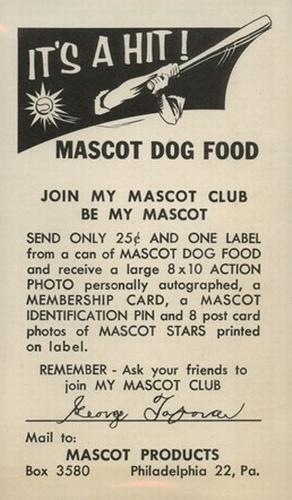 1953 Mascot Dog Food #NNO George “Specs” Toporcer Back