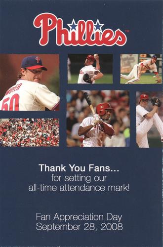 2008 Philadelphia Phillies Fan Appreciation Day Postcards #NNO Header Card / Thank You Fans Front