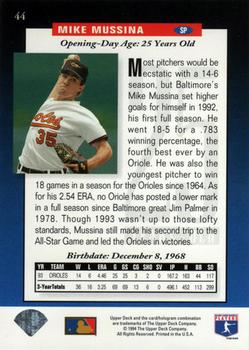 1994 Upper Deck #44 Mike Mussina Back