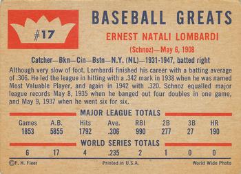 1960 Fleer Baseball Greats #17 Ernie Lombardi Back