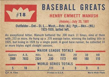 1960 Fleer Baseball Greats #18 Heinie Manush Back