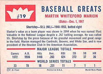 1960 Fleer Baseball Greats #19 Marty Marion Back