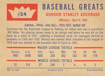 1960 Fleer Baseball Greats #24 Mickey Cochrane Back