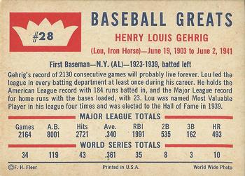 1960 Fleer Baseball Greats #28 Lou Gehrig Back