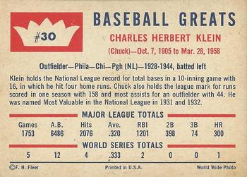 1960 Fleer Baseball Greats #30 Chuck Klein Back