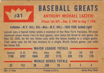 1960 Fleer Baseball Greats #31 Tony Lazzeri Back