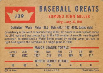 1960 Fleer Baseball Greats #39 Bing Miller Back