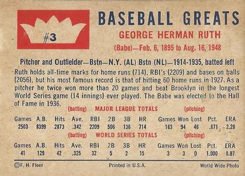 1960 Fleer Baseball Greats #3 Babe Ruth Back