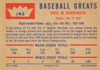 1960 Fleer Baseball Greats #43 Paul Derringer Back