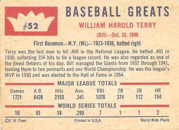 1960 Fleer Baseball Greats #52 Bill Terry Back
