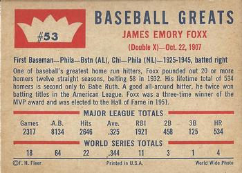 1960 Fleer Baseball Greats #53 Jimmie Foxx Back