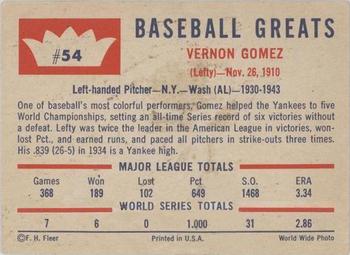 1960 Fleer Baseball Greats #54 Lefty Gomez Back