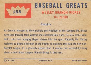 1960 Fleer Baseball Greats #55 Branch Rickey Back
