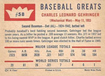 1960 Fleer Baseball Greats #58 Charlie Gehringer Back