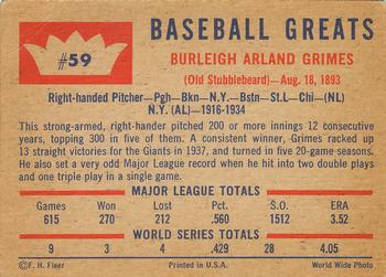 1960 Fleer Baseball Greats #59 Burleigh Grimes Back