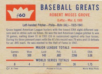 1960 Fleer Baseball Greats #60 Lefty Grove Back