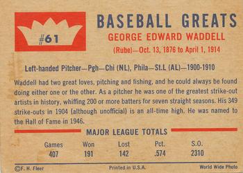 1960 Fleer Baseball Greats #61 Rube Waddell Back